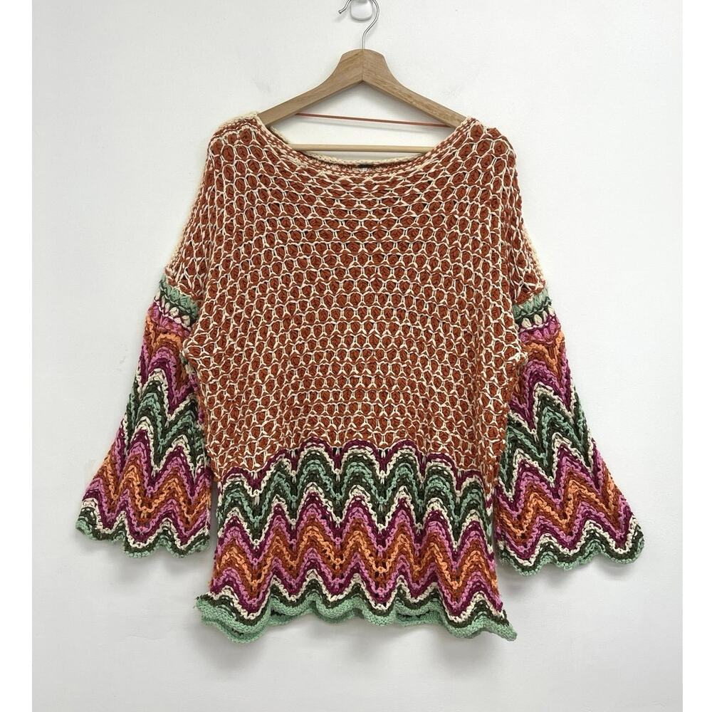 Free People Heatwave Pullover Crochet Boho Hippie Chevron Colorful Sweater - Sml - Picture 2 of 14